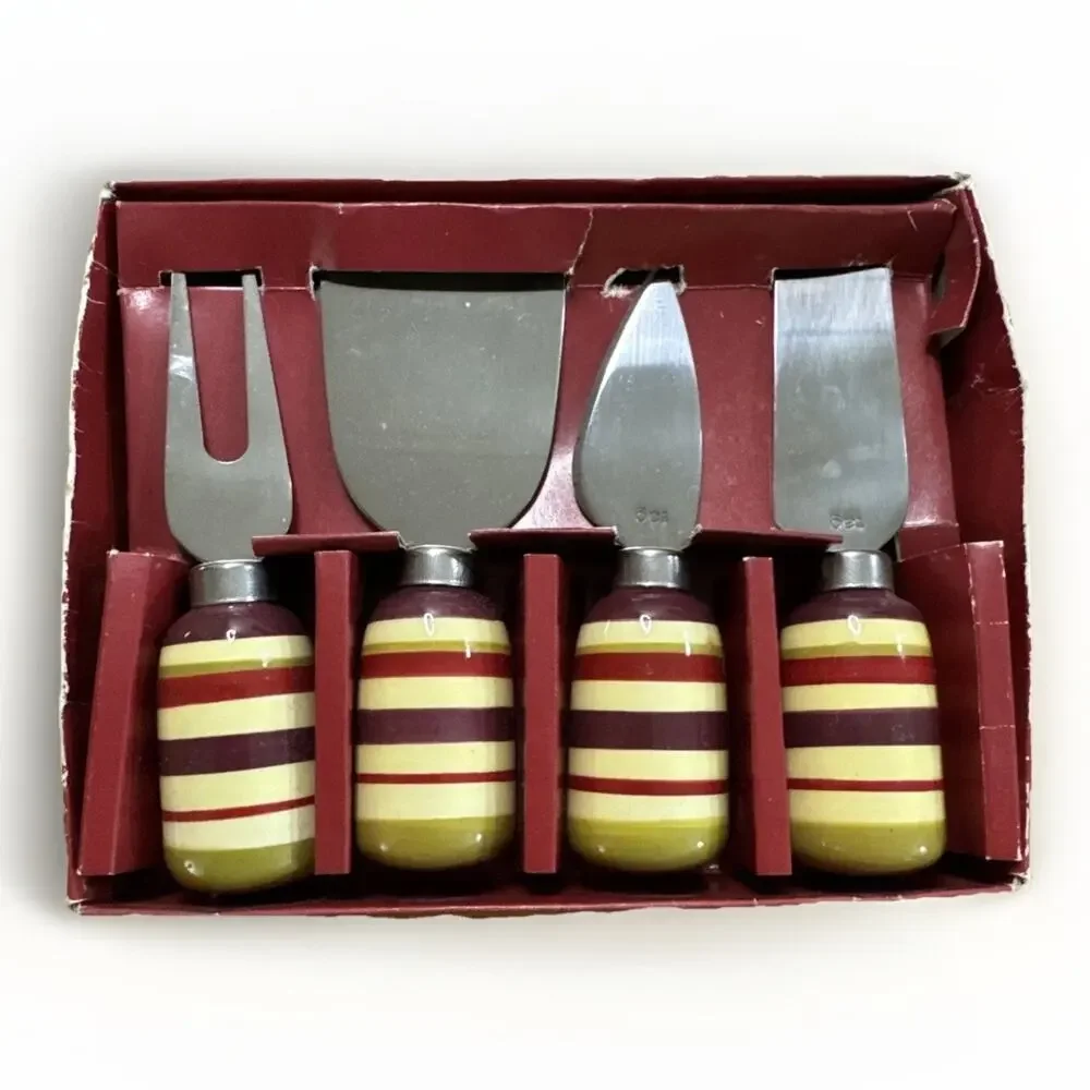 Vintage Tag Cheese Knife Set 4 Pc Retro Yellow Cream Striped Charcuterie Board